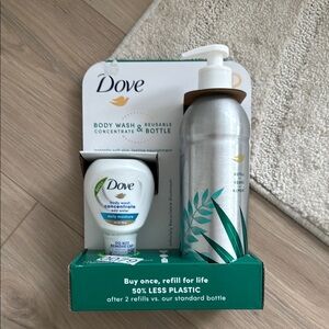 NEW- Dove Daily Moisture Body Wash Refill Concentrate & Reusable Aluminum Bottle